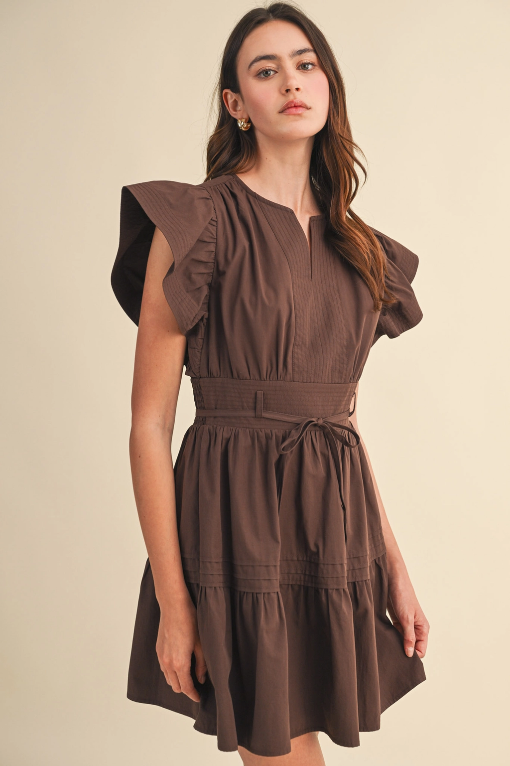 Embroidered Seam Pin Tuck Detail Mini Dress - COCOA BROWN