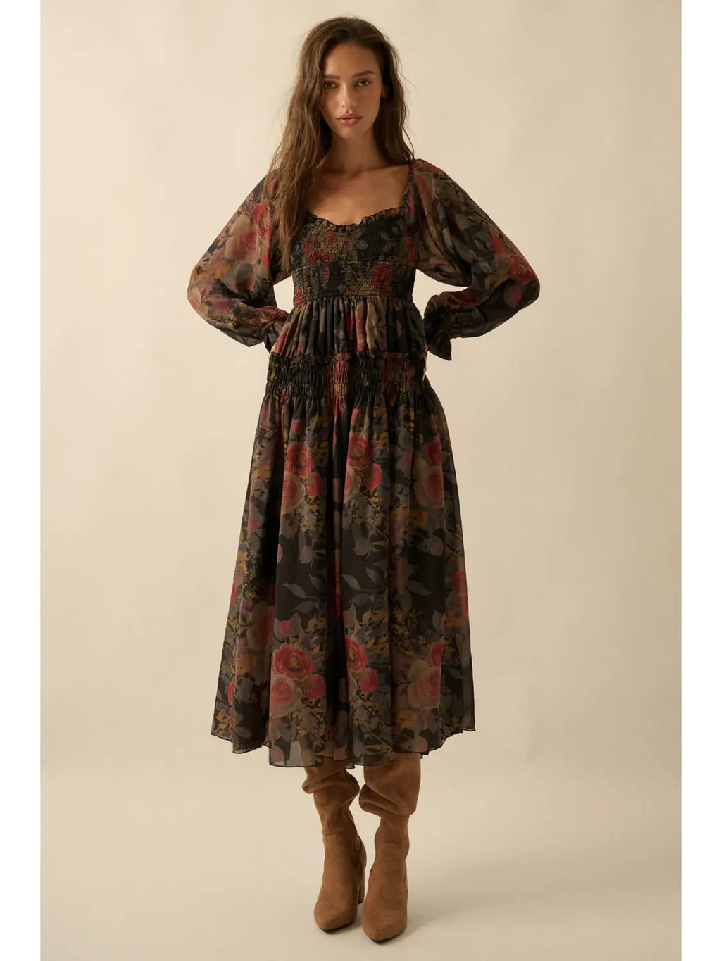 Floral-Print Smocked Bubble Sleeve Maxi Dress