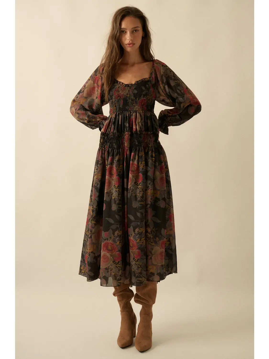 Floral-Print Smocked Bubble Sleeve Maxi Dress