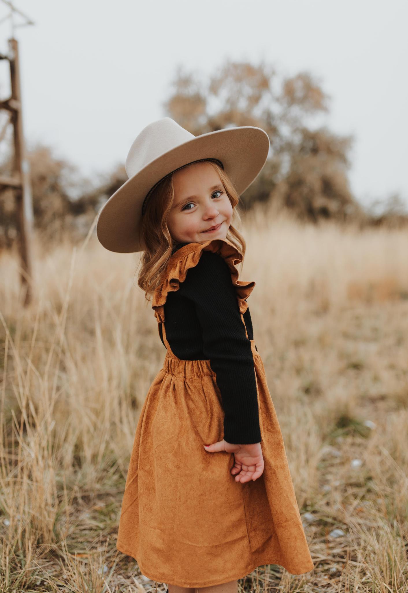 GIRLS KHAKI RUFFLE SUSPENDER DRESS