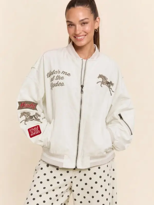 Retro Rodeo Embroidered Bomber Jacket - CREAM