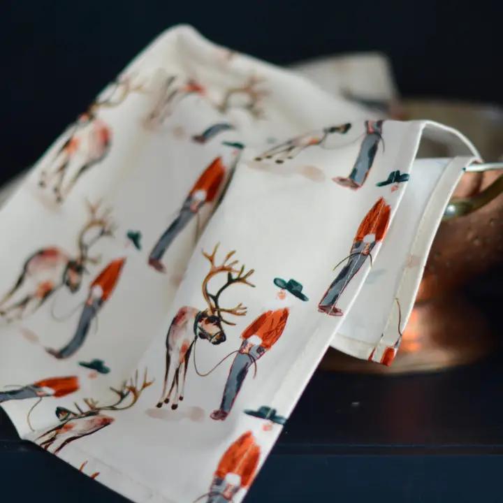 Santa’S Ranch Western Christmas Kitchen Tea Towel with Holiday Reindeer in Cream