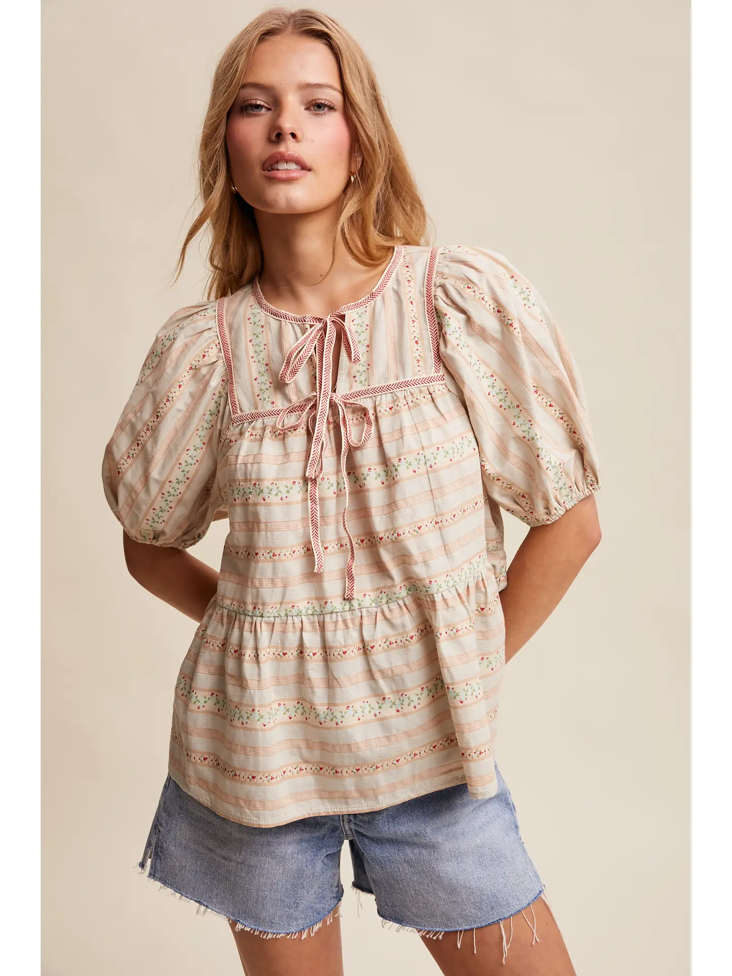 Striped Floral Lace Trim Peasant Blouse - TAUPE