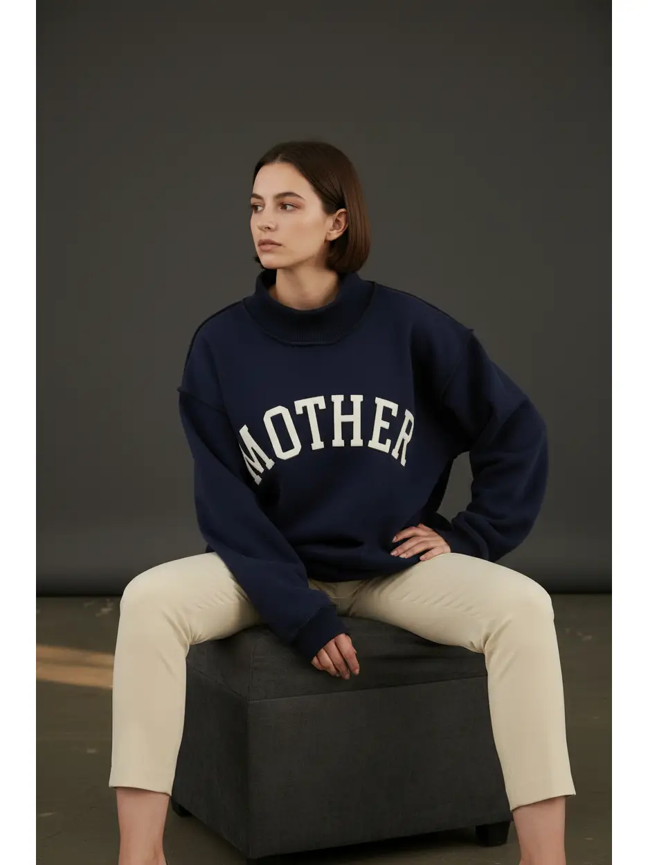 MOTHER | 'mother' Embroidered Mock Neck Sweatshirt - NAVY