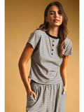 Double Striped Pattern Half Snap Button Top - STONE