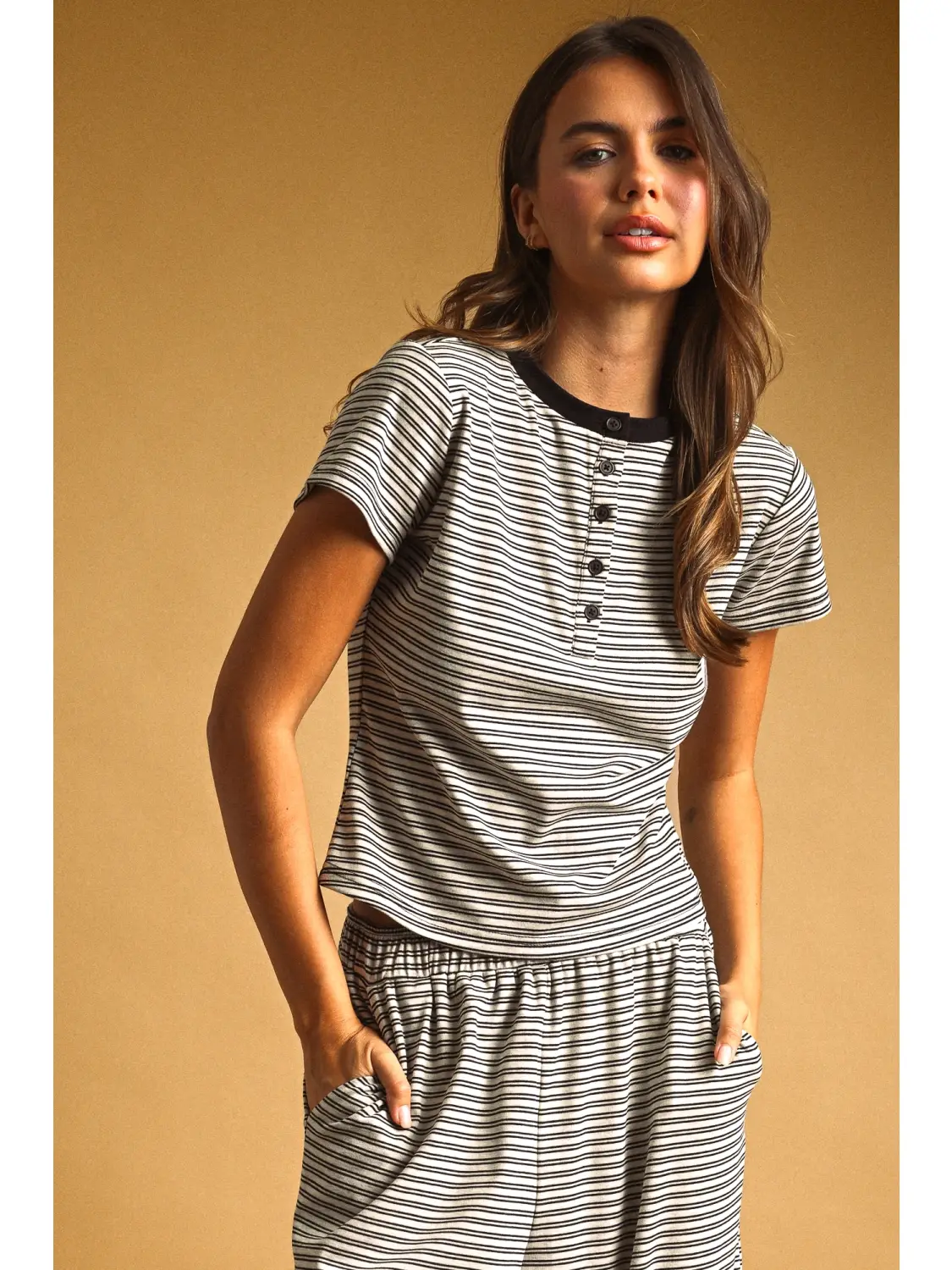 Double Striped Pattern Half Snap Button Top - STONE