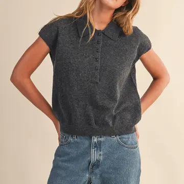 Cap Sleeve Collared Sweater Vest - BLACK