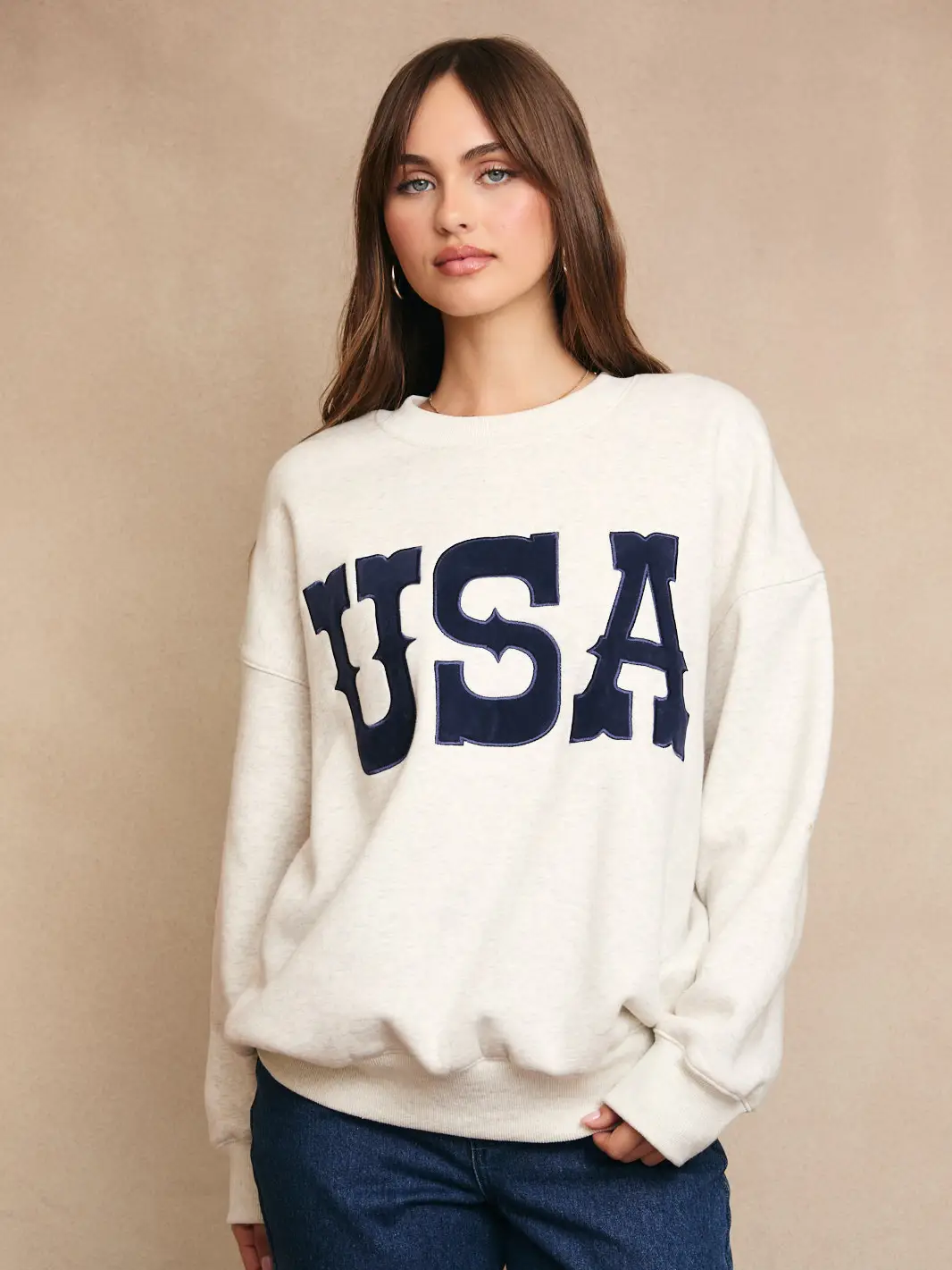 "USA" Contrast Long Sleeve Crewneck Oversized Swatshirt