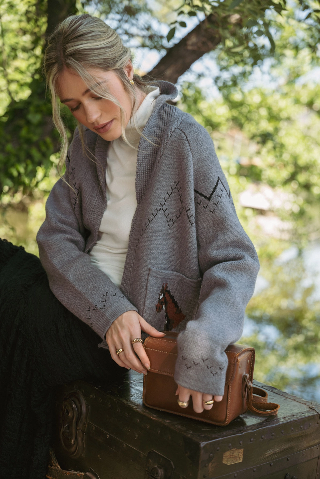 Horse Knit Sweater Cardigan - Dark Grey