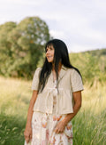 Smocked Linen Babydoll Open-Front Blouse with Ribbon - Natural
