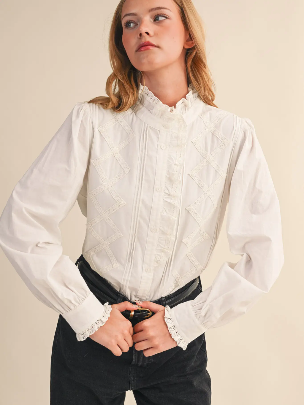 Ruffled Lace Trim Button Down Top - White