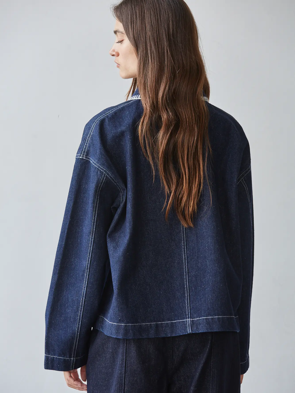 Woven Denim Cotton Embroidered Button Down Jacket - DARK DENIM