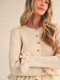 Ruffle Hem Ribbed Knit Sweater Cardigan - EGG SHELL