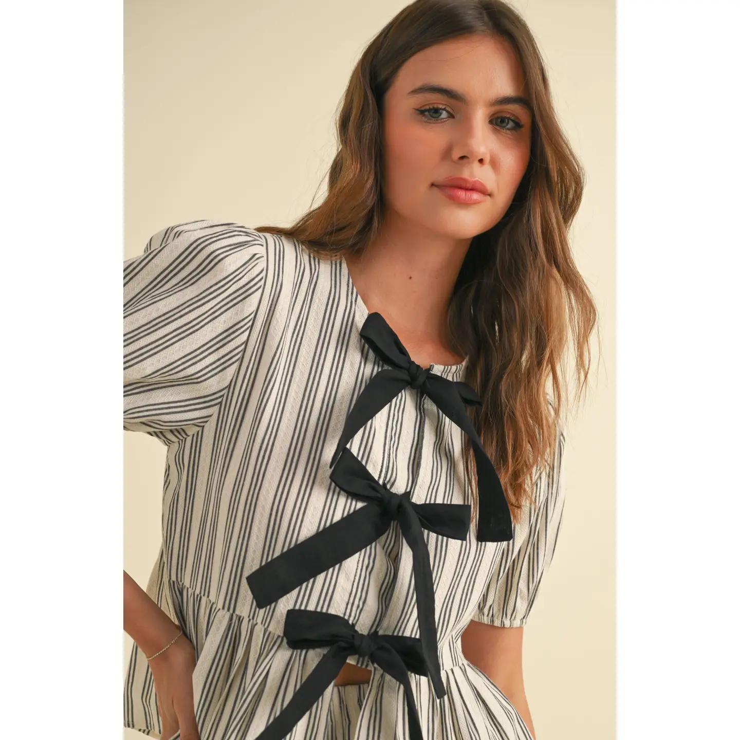 Striped Pattern Ruffled Blouse - Black