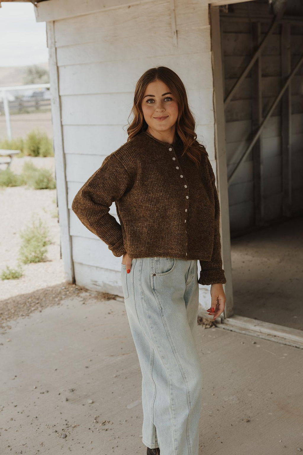 Button Front Ribbed Sweater Cardigan - BROWN