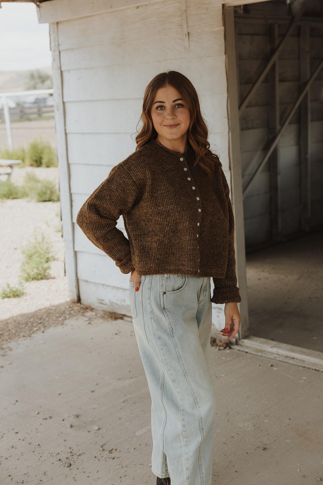 Button Front Ribbed Sweater Cardigan - BROWN