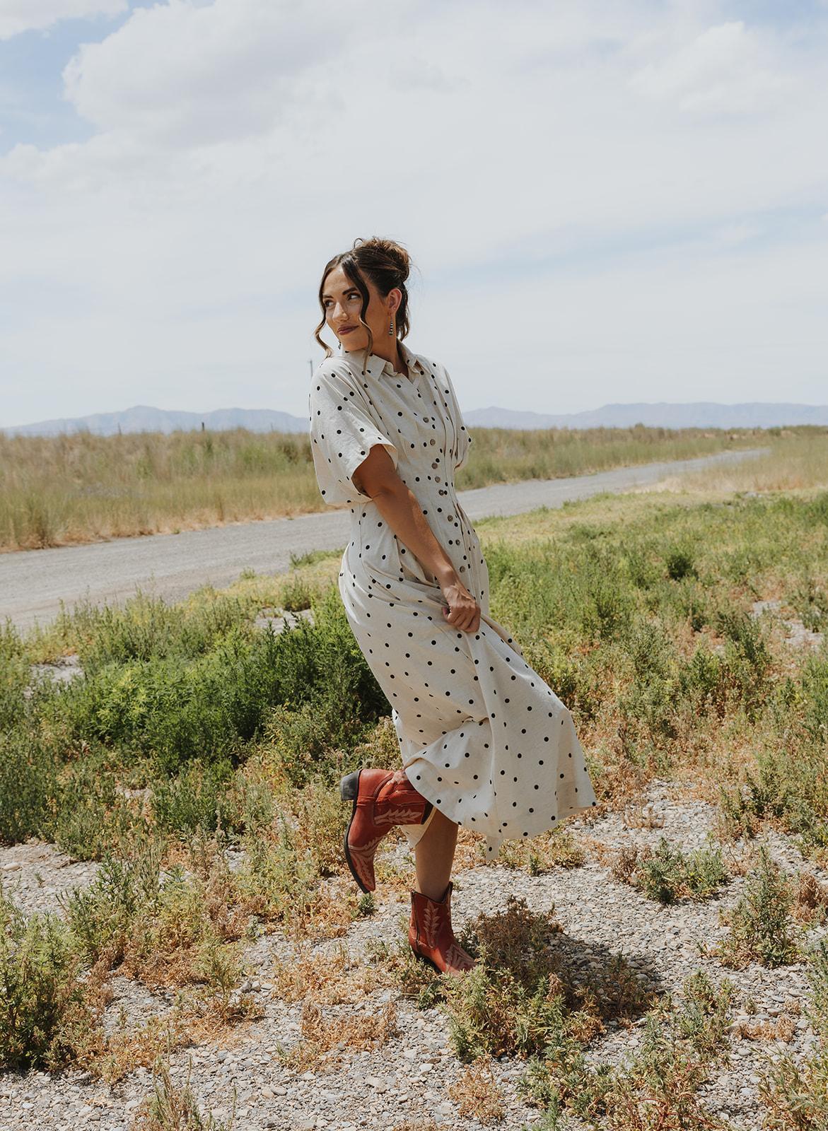 Polkadot Print Short Sleeve Button Front Dress