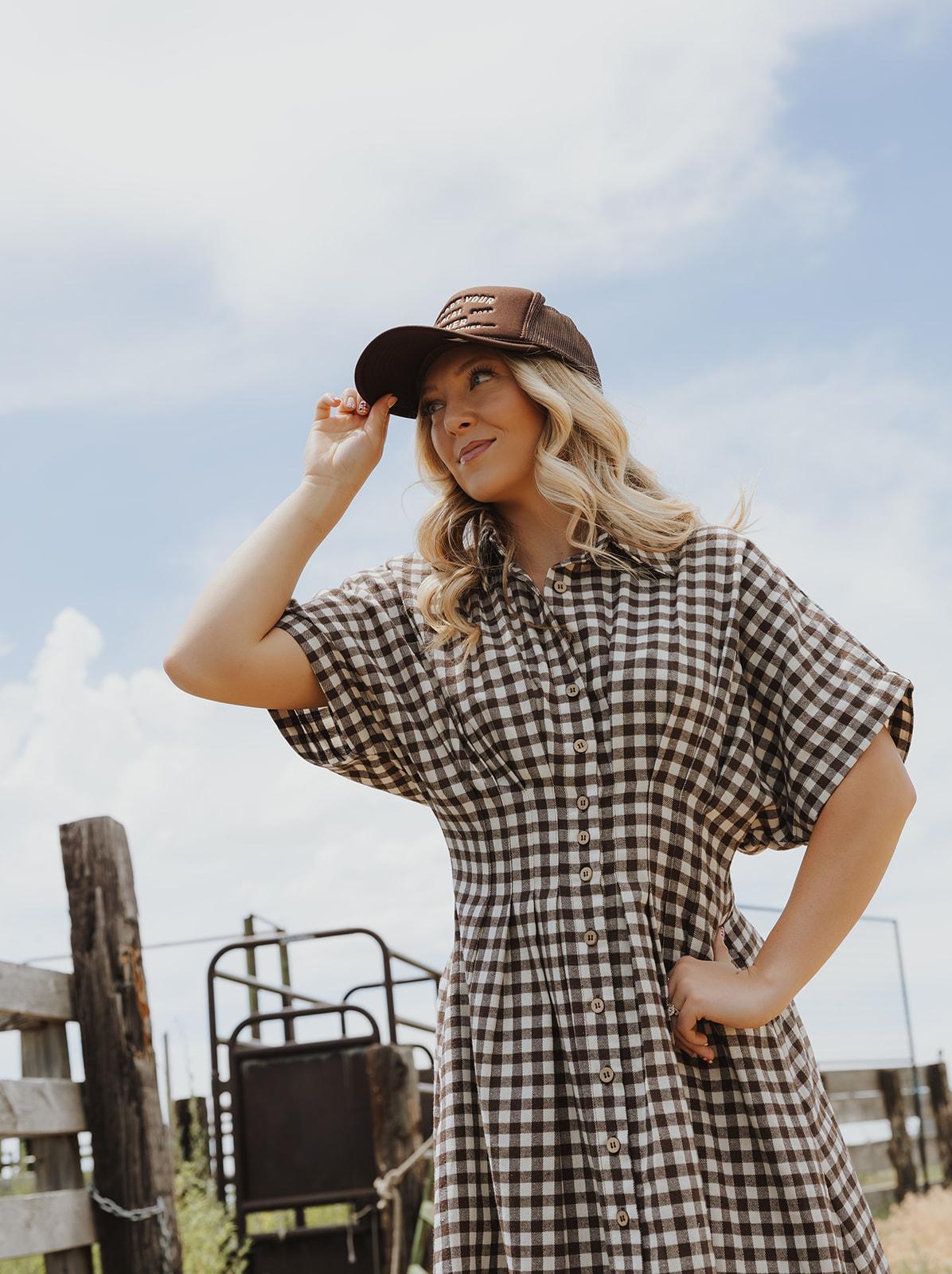 Gingham Pattern Button Down Shirt Dress - Brown/Cream