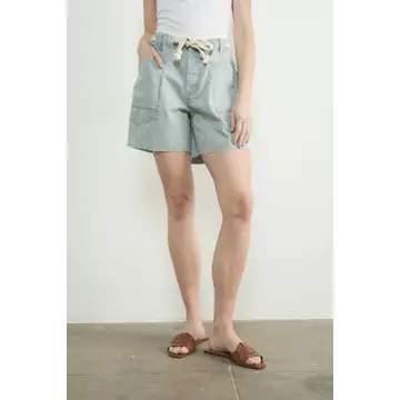 Vintage Washed Barrel Denim Shorts W/Grommet Waist - DENIM STRIPES