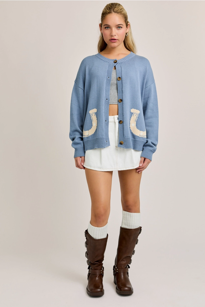 "Horseshoe" Graphic Long Sleeve Round Neck Cardigan