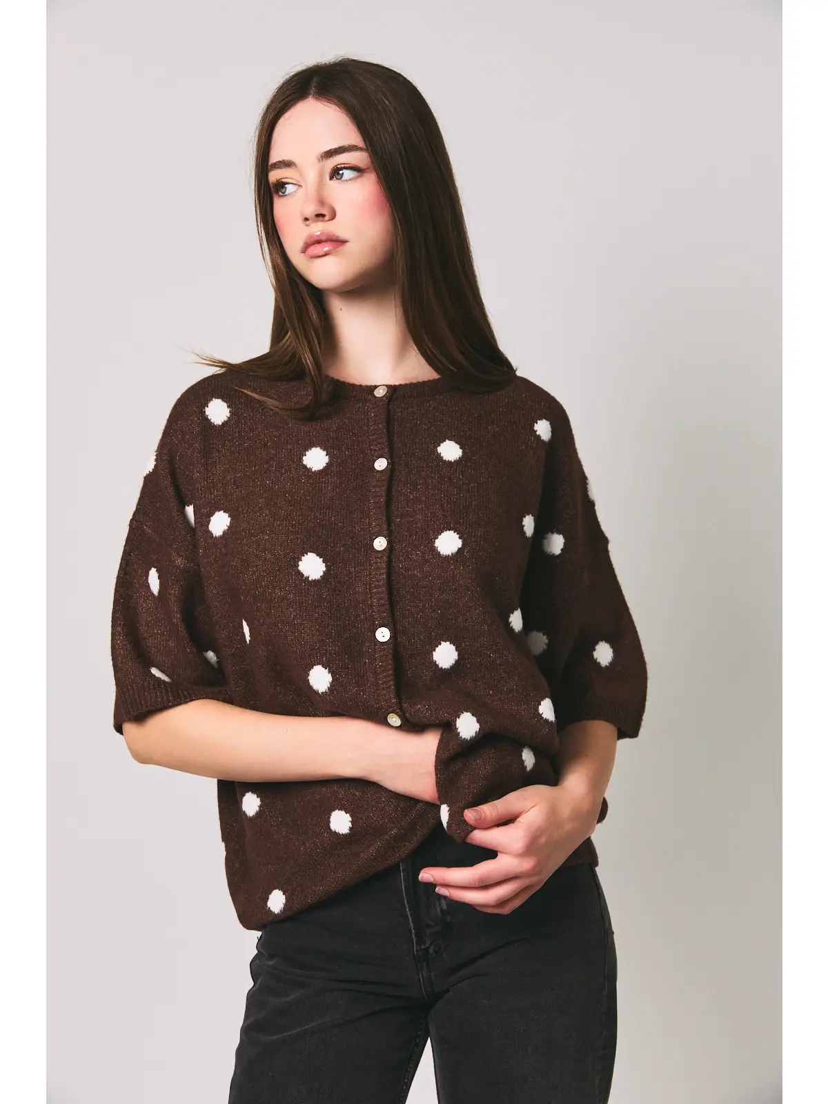 Crew Neck Knit Cardigan - BROWN