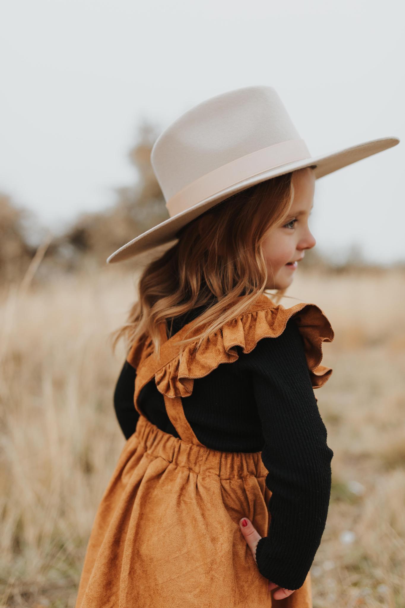 GIRLS KHAKI RUFFLE SUSPENDER DRESS