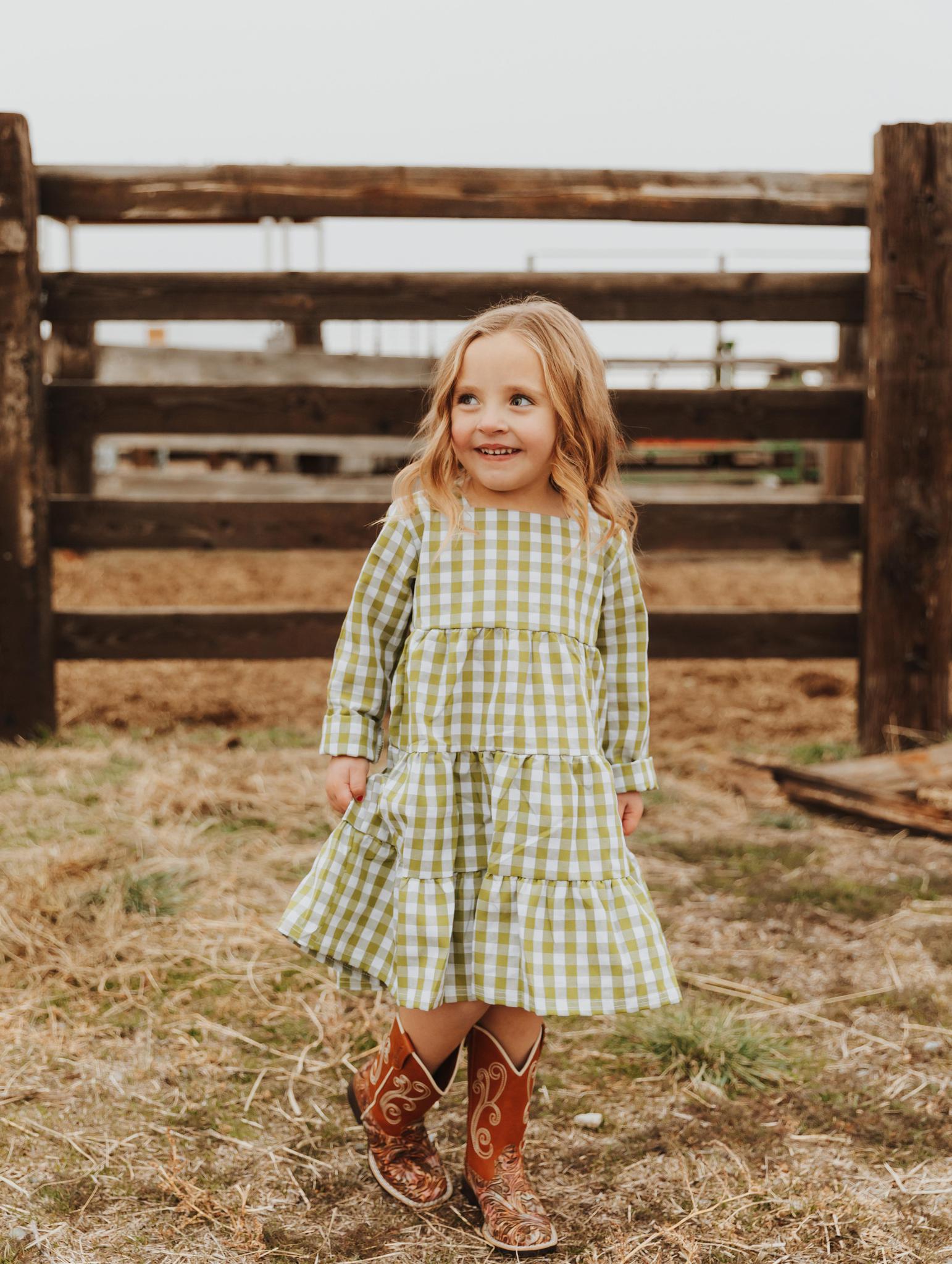 GIRLS GREEN CHECK TIERED DRESS