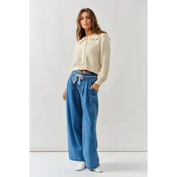 Ruffle Collar Knit Cardigan - Natural