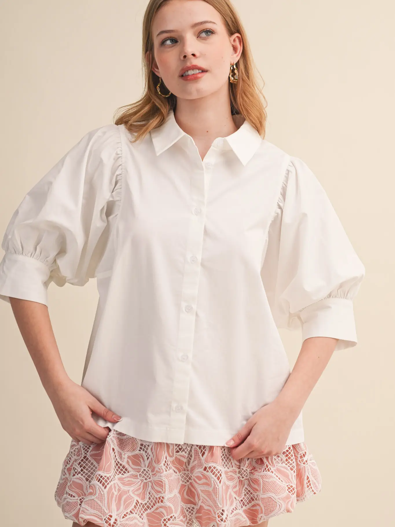 Puff Sleeve Button Down Top - WHITE