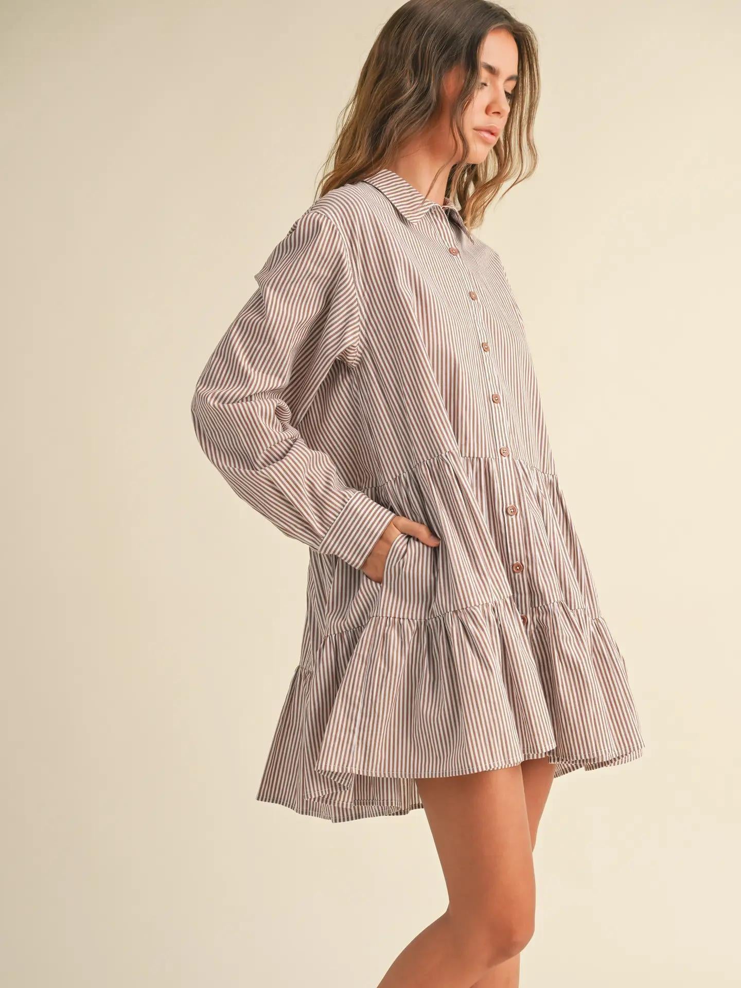 Striped Pattern Buttondown Tiered Bottom Dress - Brown