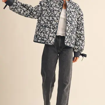 Floral Quilted Jacket with Ribbon Detail MJK3622 - navy floral