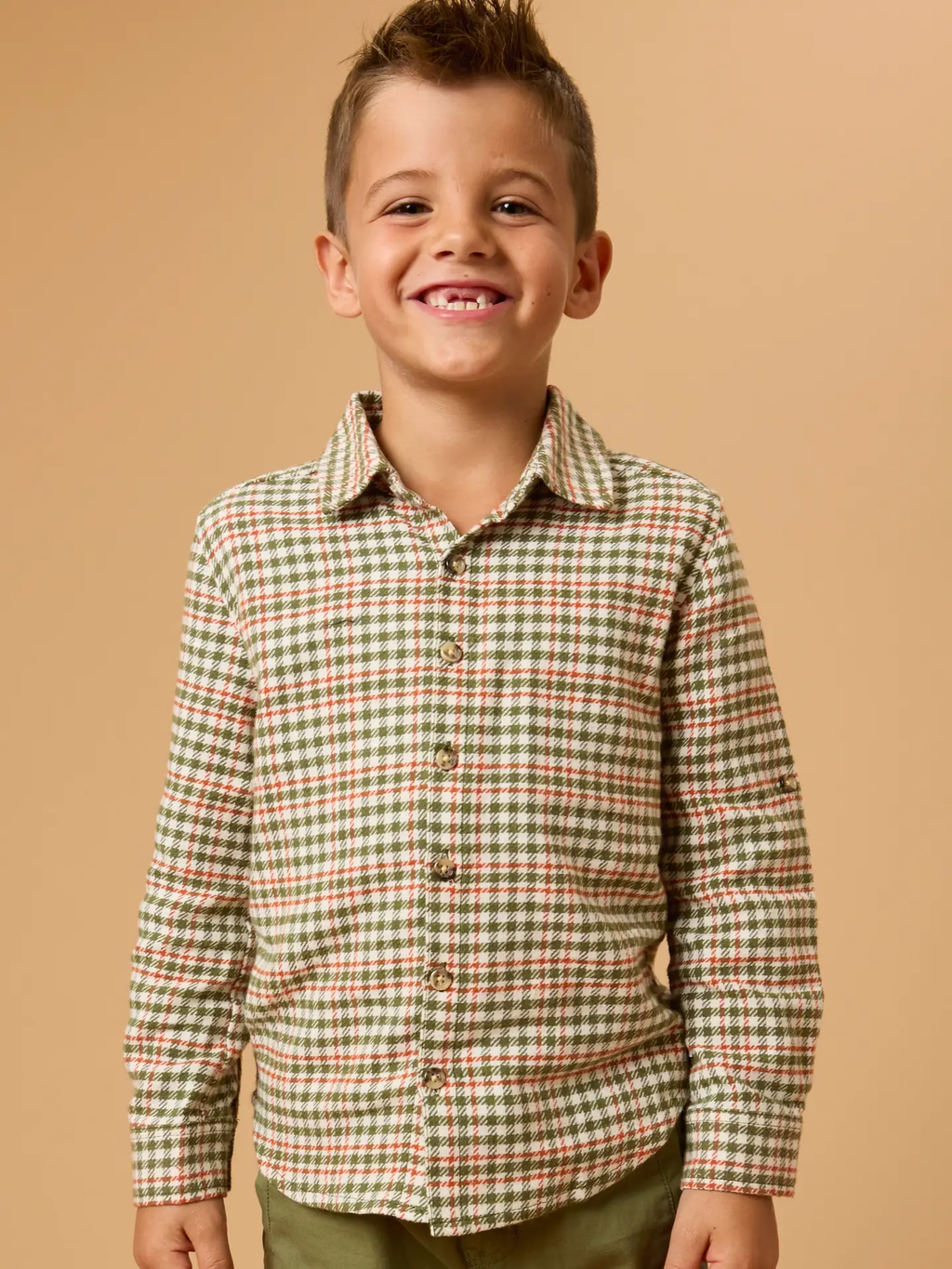 Boys Classic Dusty Olive Houndstooth Long Sleeve Button Down Shirt