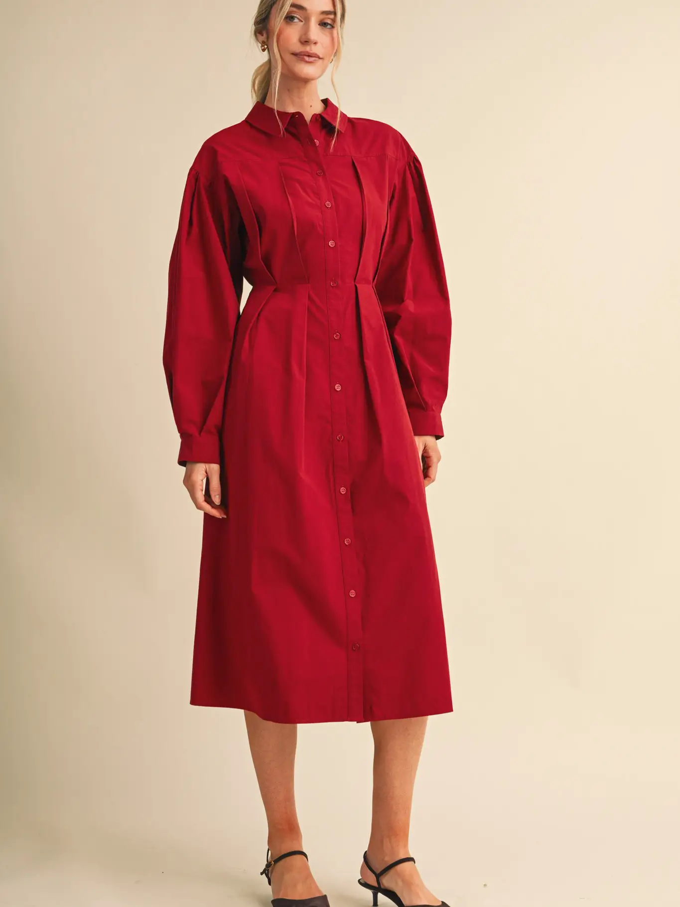 Pleated Waist Button Down Midi Dres