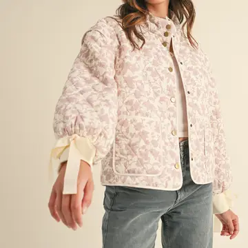 Floral Quilted Jacket with Ribbon Detail - IVORY PINK FLORAL