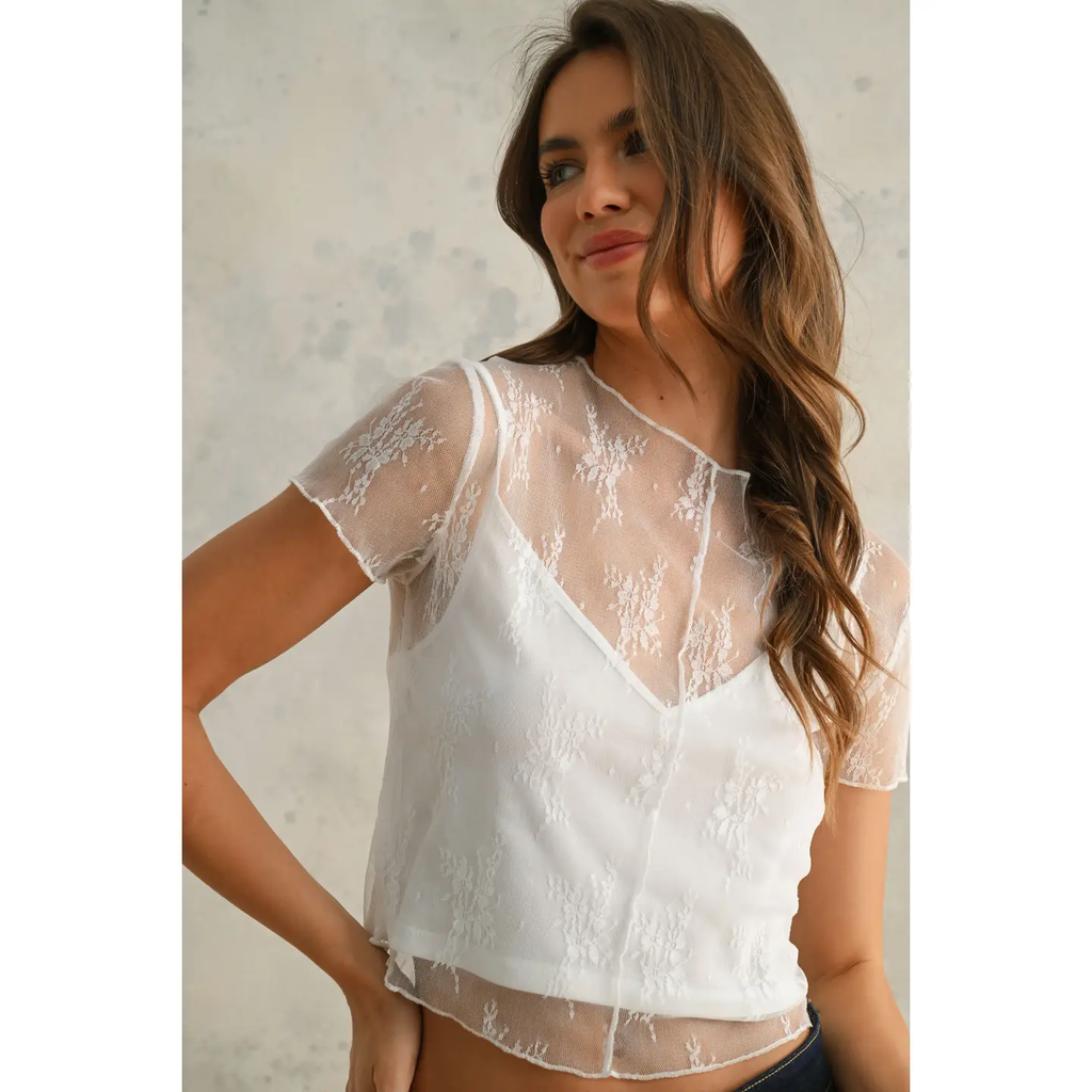 Lace Fabric with Tank Top Lined Top - White