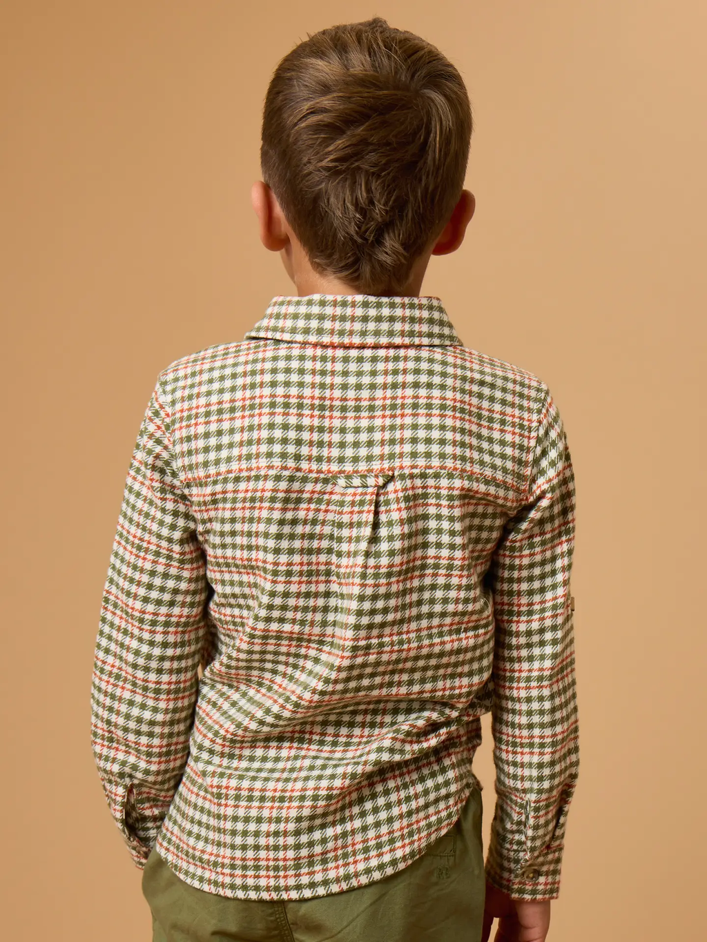 Boys Classic Dusty Olive Houndstooth Long Sleeve Button Down Shirt