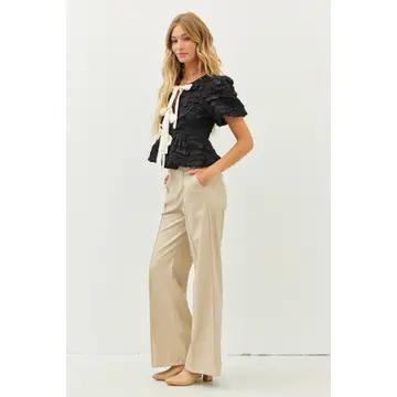 Bubble Babydoll Blouse with Textured Fabric and Contrast Bow - Black