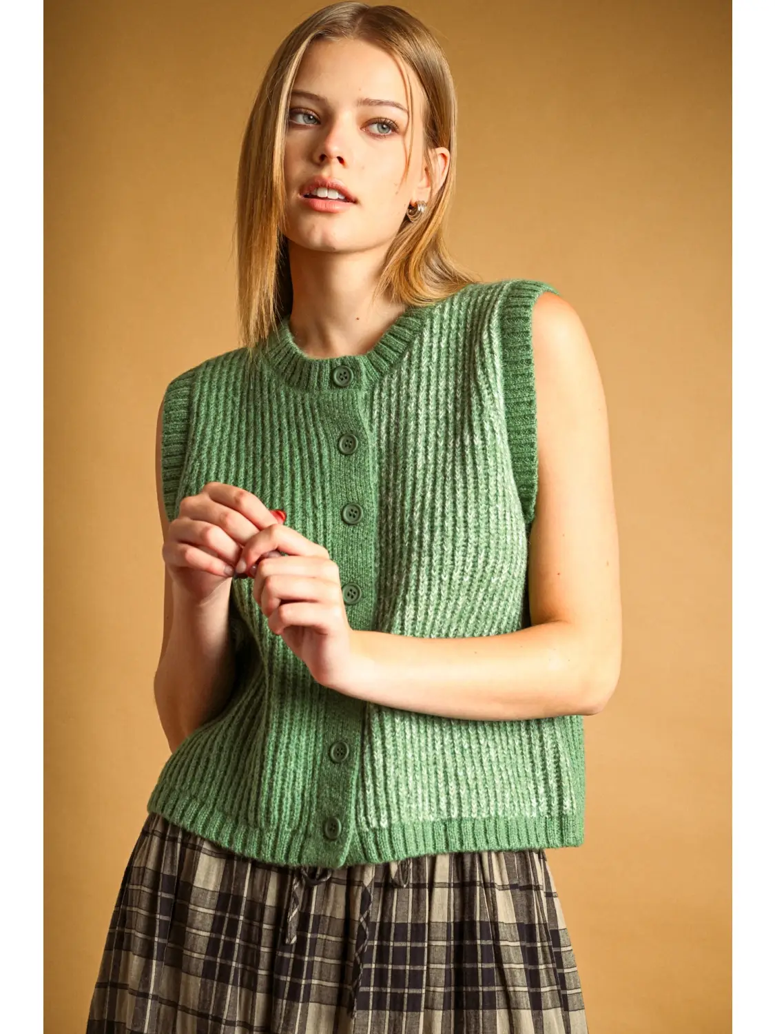 Color Contrasted Button Front Vest - GREEN