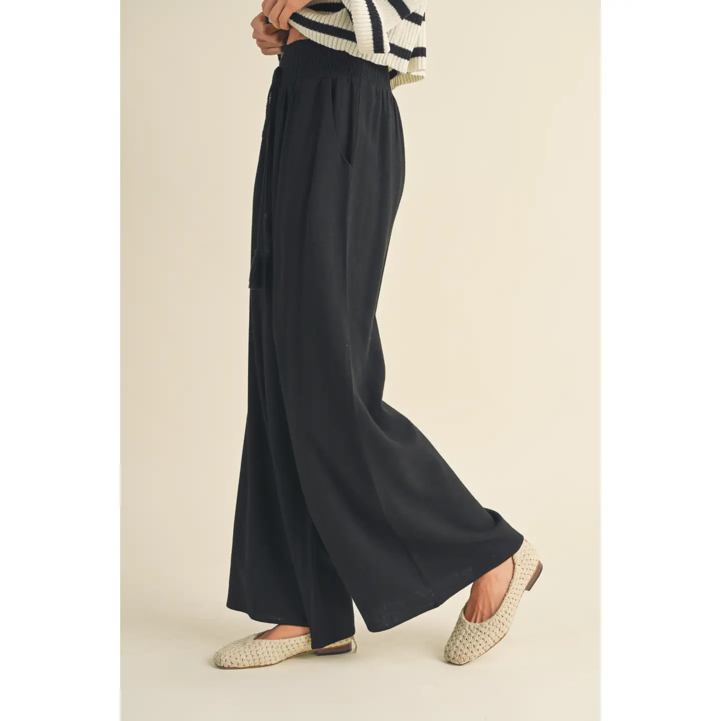Cotton Linen Smocked Waist Pants with Tassel - Black