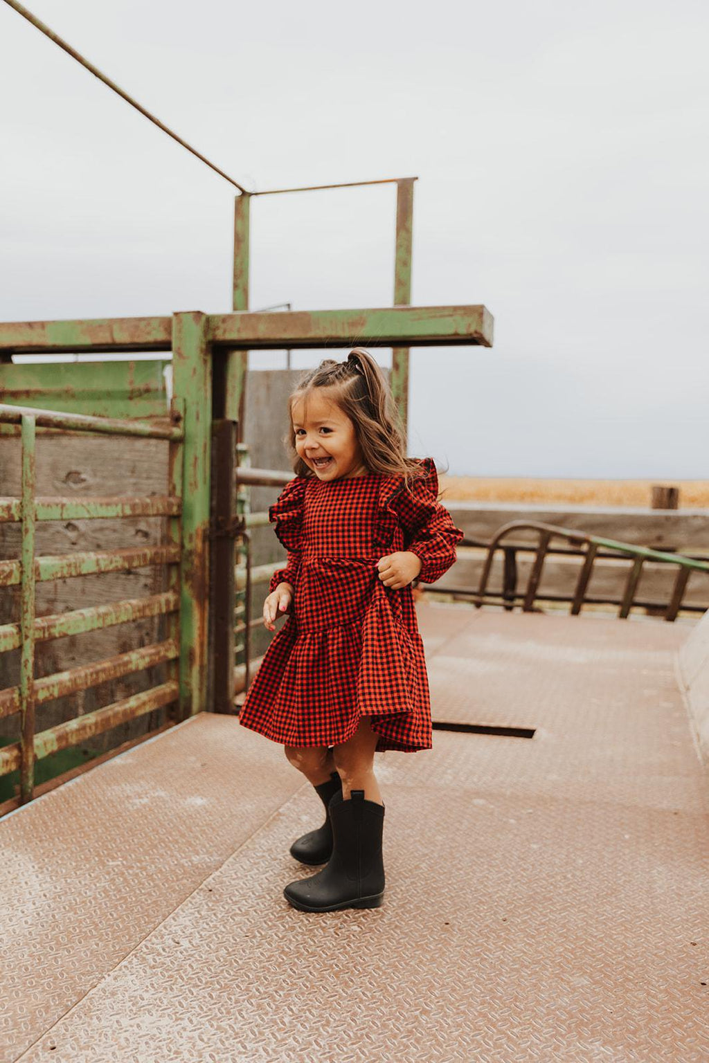 RED CHECK RUFFLE DRESS