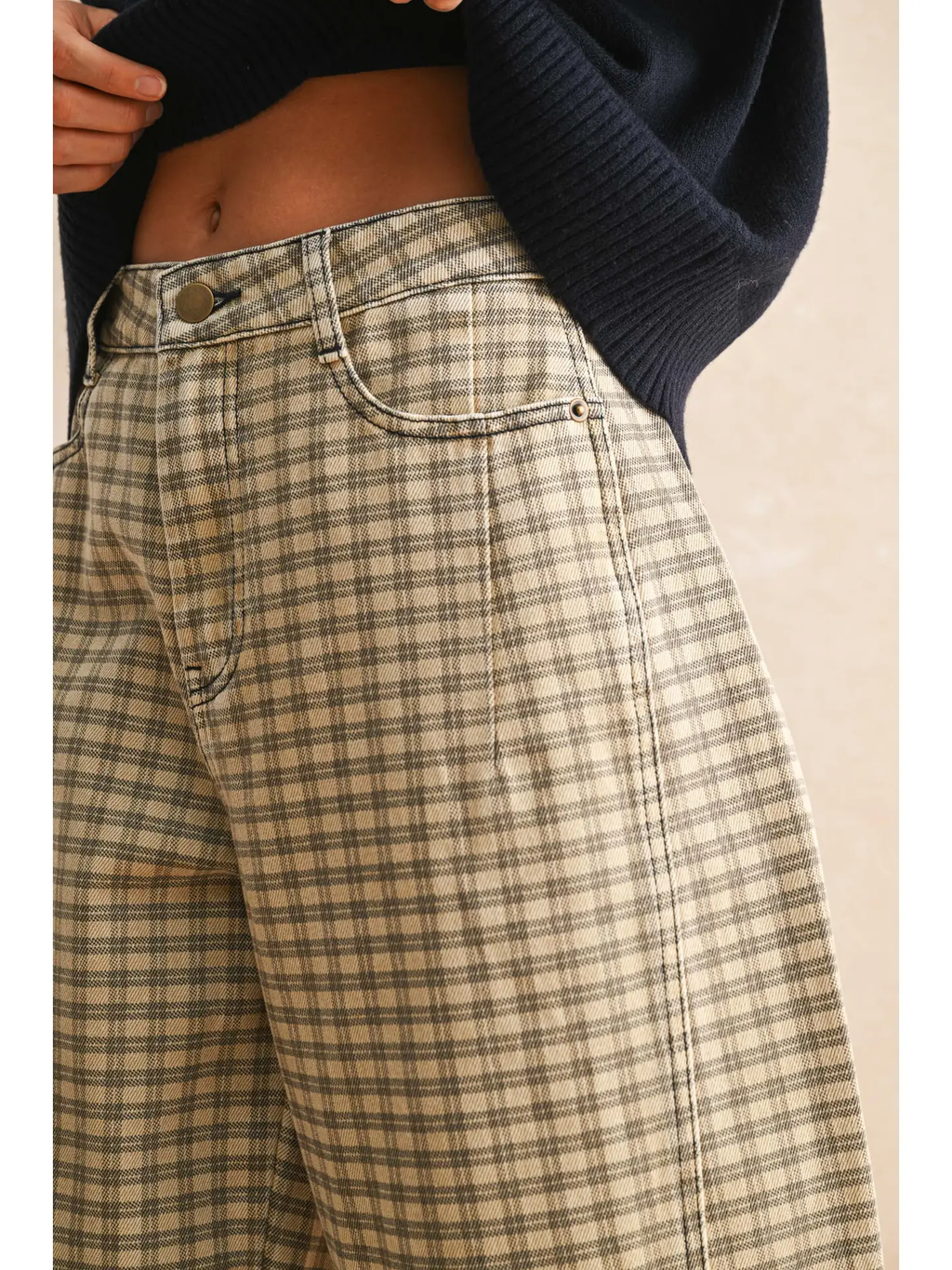 Mini Checker Pattern Barrel Pants - TAN/BROWN