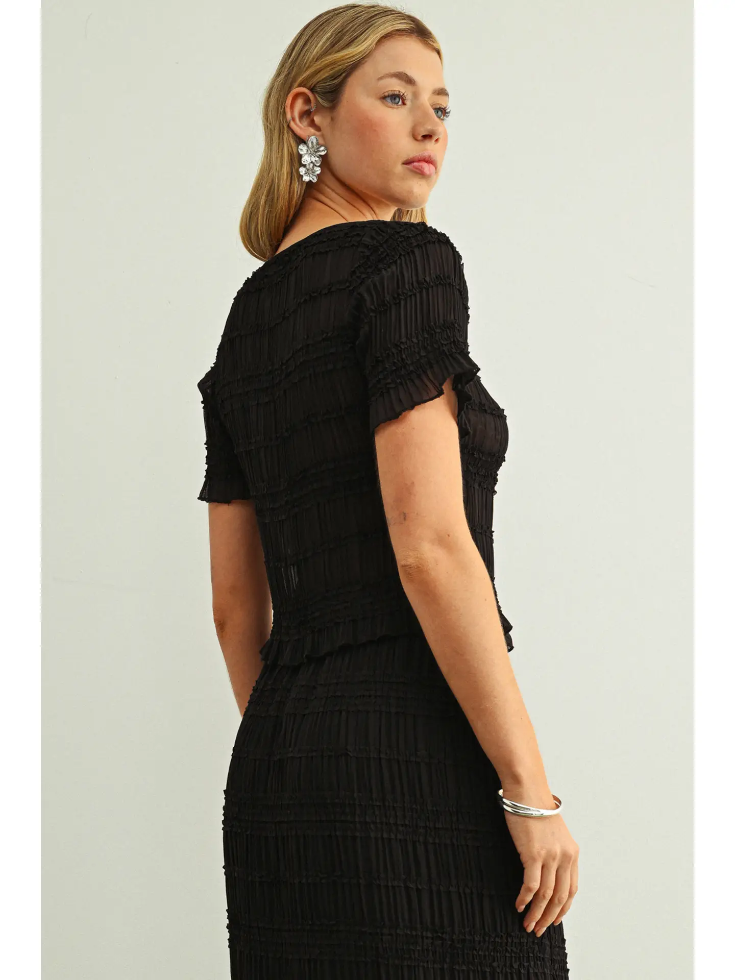 Chiffon Short Sleeve Button Front Top - BLACK