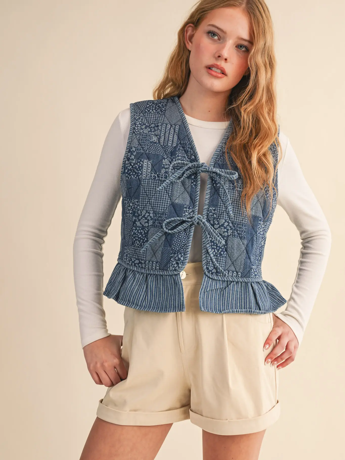 Quilted Printed Denim Ruffle Trim - dark denim