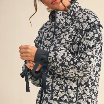 Floral Quilted Jacket with Ribbon Detail MJK3622 - navy floral