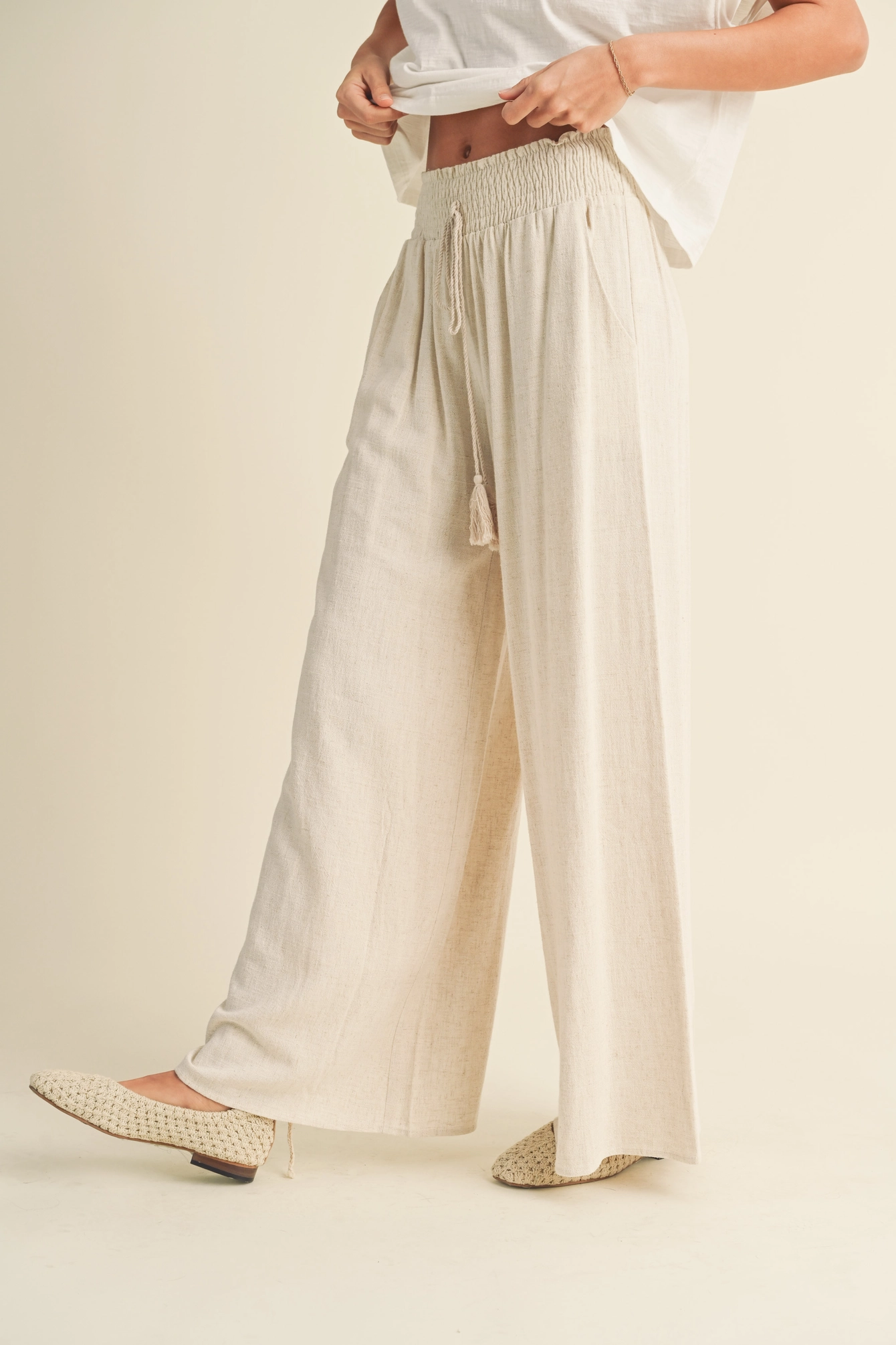 Cotton Linen Smocked Waist Pants with Tassel - Oatmeal
