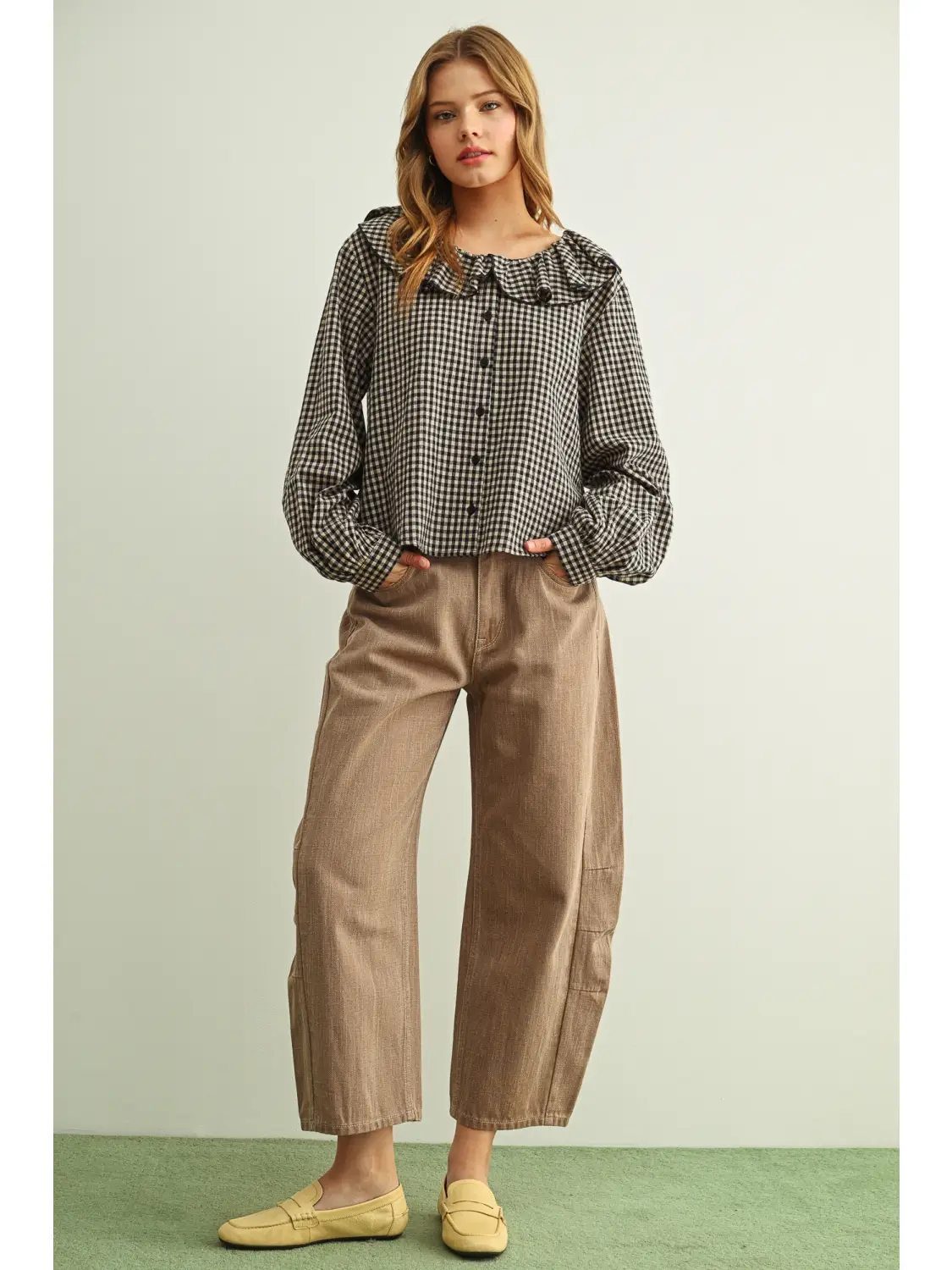 Mini Gingham Ruffled Collar Blouse - NAVY/STONE