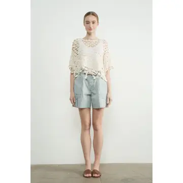 Vintage Washed Barrel Denim Shorts W/Grommet Waist - DENIM STRIPES