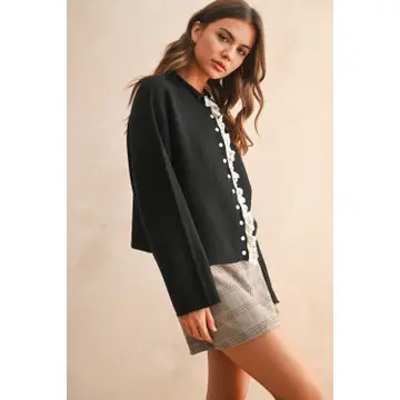 Button Front Lace Trim Knitted Cardigan - BLACK