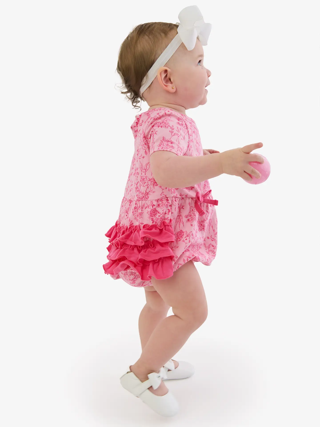 Baby Girls Pink Cottontail Toile Knit Short Sleeve Bow Bubble Romper