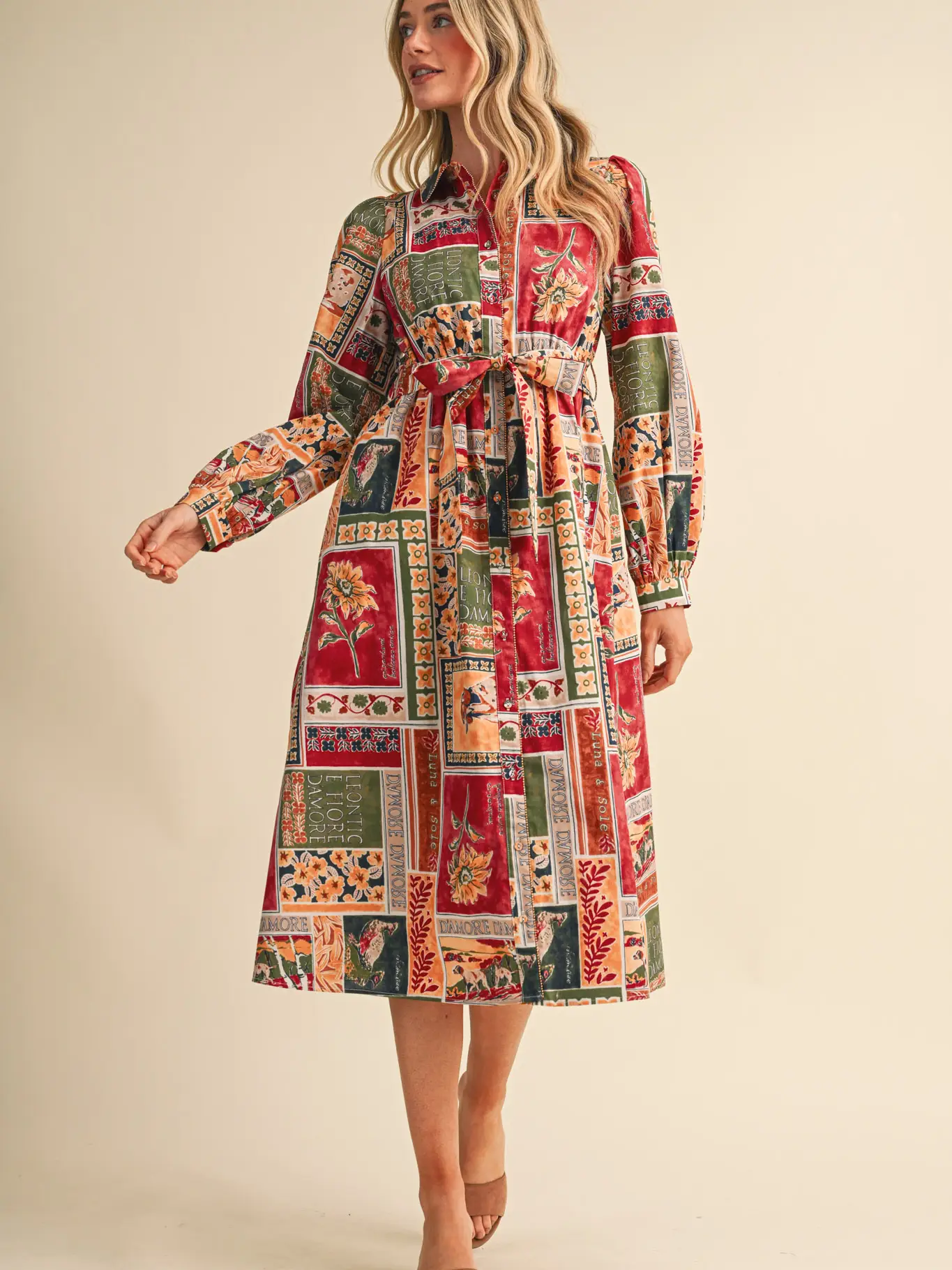 Patchwork Prt Embellished Button Dwn Belted Midi Dress